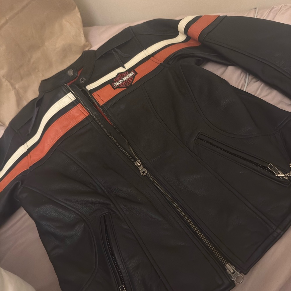 Harley-Davidson Leather Jacket with Orange and White Accents